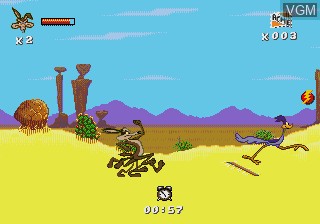 In-game screen of the game Desert Demolition Starring Road Runner and Wile E. Coyote on Sega Megadrive