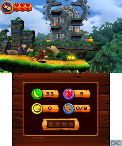 In-game screen of the game Donkey Kong Returns 3D on Nintendo 3DS