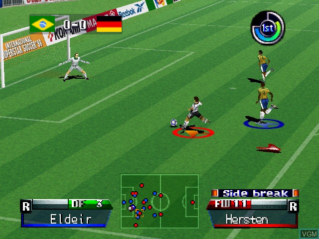 In-game screen of the game International Superstar Soccer '98 on Nintendo 64