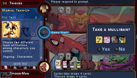 In-game screen of the game Marvel Trading Card Game on Sony PSP
