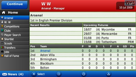 In-game screen of the game Football Manager Handheld 2010 on Sony PSP