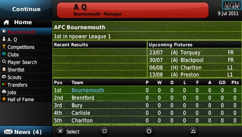 In-game screen of the game Football Manager Handheld 2012 on Sony PSP