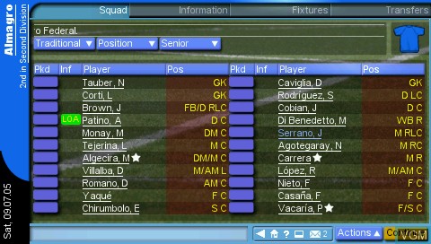 In-game screen of the game Championship Manager 2006 on Sony PSP