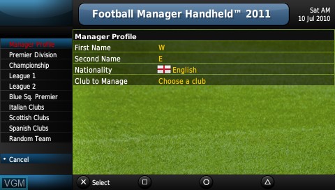 In-game screen of the game Football Manager Handheld 2011 on Sony PSP