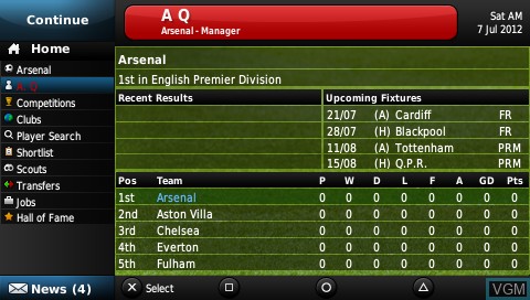 In-game screen of the game Football Manager Handheld 2013 on Sony PSP