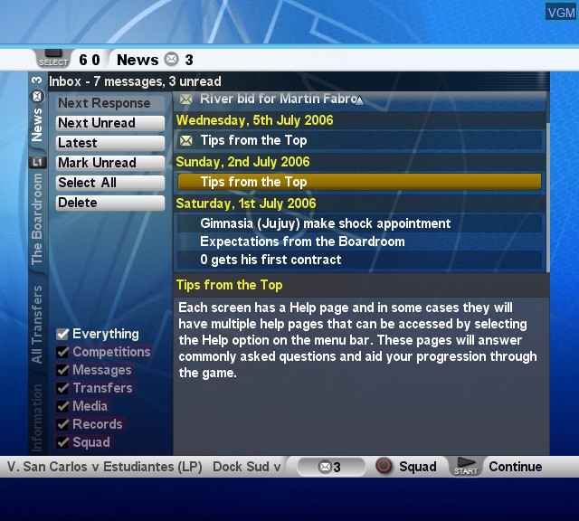 In-game screen of the game Championship Manager 2007 on Sony Playstation 2
