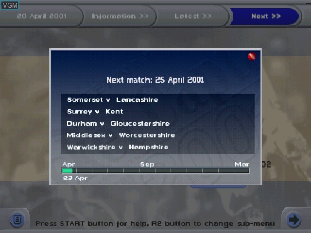 In-game screen of the game International Cricket Captain 2001 - Ashes Edition on Sony Playstation