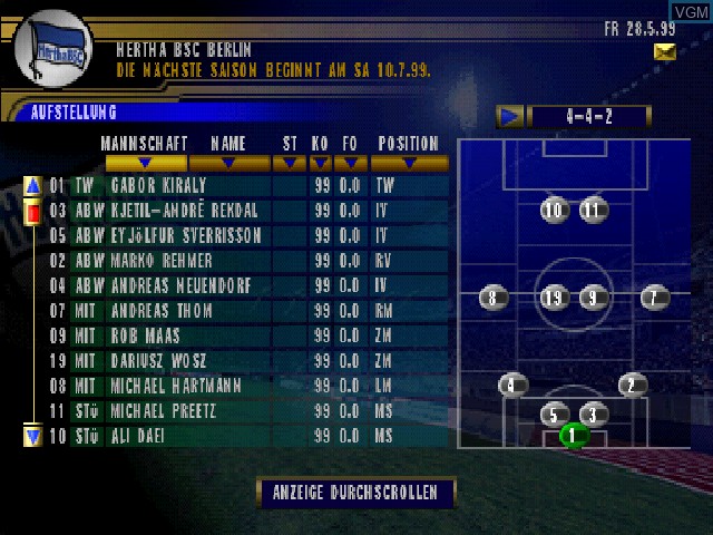 In-game screen of the game F.A. Premier League Football Manager 2000, The on Sony Playstation
