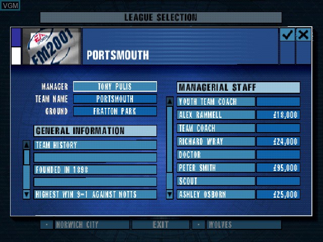 In-game screen of the game F.A. Premier League Football Manager 2001, The on Sony Playstation