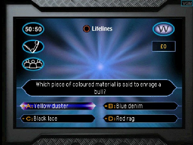 In-game screen of the game Who Wants to Be a Millionaire? on Sony Playstation