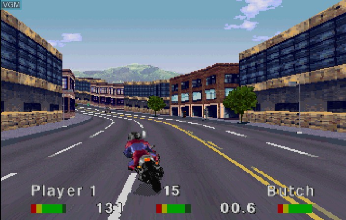 In-game screen of the game Road Rash on Sega Saturn